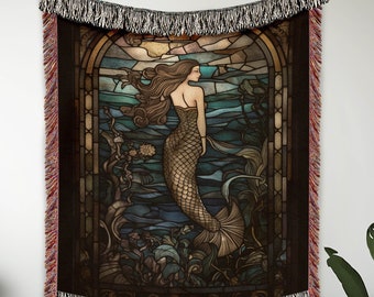 Mermaid Blanket, Celestial Mermaid Woven Tapestry, Cottagecore Decor, Fairycore Decor, Stained Glass Aesthetic, Wall Tapestry, Sofa Throw