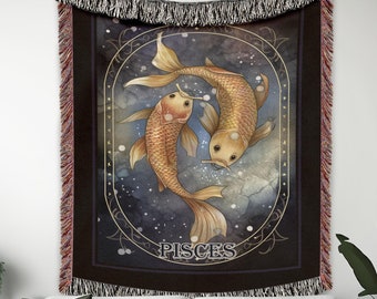 Pisces Woven Blanket, Zodiac Sign Blanket, Astrology Blanket, Woven Blanket, Wall Tapestry, Sofa Throw, Couch Throw, Fringe Blanket