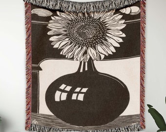 Black And White Sunflower Art Woven Blanket, Vintage Art Blanket, Jacquard Tapestry With Fringe, Couch Throw, Sofa Throw