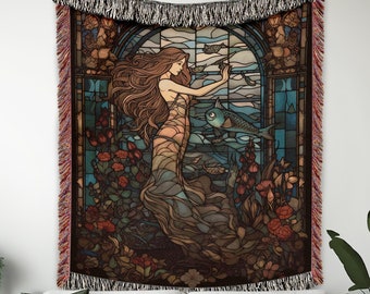 Mermaid Blanket, Woven Celestial Mermaid Tapestry, Cottagecore Decor, Fairycore Decor, Stained Glass Aesthetic, Dark Academia, Sofa Throw