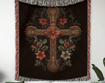 Ornate Christian Cross Blanket, Woven Blanket, Floral, Cottagecore, Jacquard Tapestry With Fringe, Couch Throw