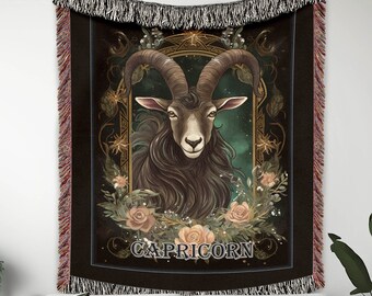 Capricorn Zodiac Blanket, Sea Goat Woven Blanket, Wall Tapestry, Astrology Throw, January Birthday Gift, Jacquard  With Fringe