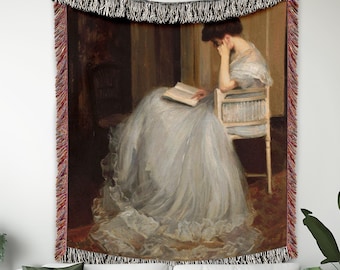 Woman Reading Woven Blanket, The Reader, Vintage Art Blanket, Sofa Throw, Jacquard Tapestry With Fringe