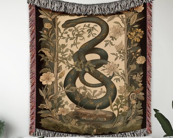 Botanical Snake Blanket, Gothic Decor, Cottagecore, Whimsical Dark Academia, Woven Tapestry With Fringe