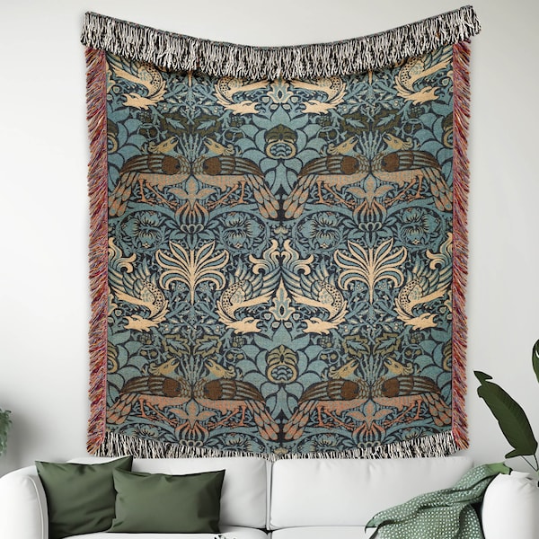 William Morris Peacock And Dragon Woven Blanket, Blue And Green Couch Throw, Jacquard Blanket With Fringe, Vintage Inspired