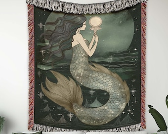 Mermaid Blanket, Celestial Mermaid Woven Tapestry, Mermaidcore, Cottagecore, Fairycore Decor, Wall Tapestry, Couch Blanket