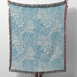 William Morris Blue Marigold Pattern Woven Blanket, Vintage Pattern, Jacquard Fringe Blanket, Wall Tapestry