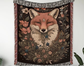 Fox Blanket, Cottagecore Fairytale Woven Blanket, Botanical Floral Tapestry, Sofa Throw, Couch Blanket