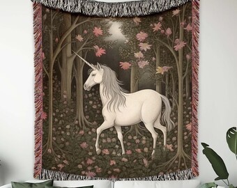 White Unicorn In Pink Forest Blanket, Enchanted Fairytale Woven Blanket, Dark Botanical Cottagecore, Couch Throw, Sofa Throw, Wall Tapestry