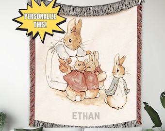 Peter Rabbit Woven Blanket, Flopsy, Mopsy, and Cottontail Blanket, Children's Book Blanket, Wall Tapestry, Nursery Decor, Personalized Gift