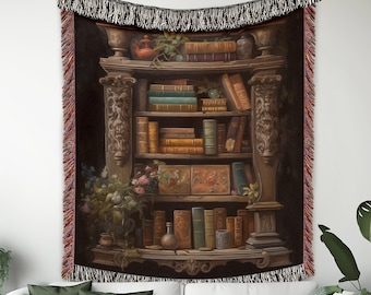 Antique Bookshelf Woven Blanket, Dark Academia, Reader Gift, Blanket For Book Lover, Sofa Throw, Jacquard Tapestry With Fringe