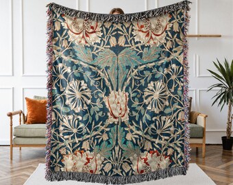 William Morris Honeysuckle Woven Blanket, Vintage Art Pattern Throw, Jacquard Tapestry With Fringe