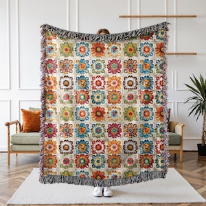 Granny Square Woven Blanket, Cottagecore Decor, Colorful Floral Blanket, Jacquard Tapestry With Fringe