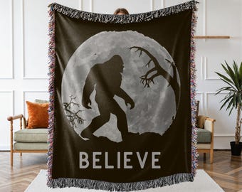 Bigfoot Woven Blanket, Full Moon Jacquard Fringe Cotton Blanket, Sasquatch Crypto Believer Gift