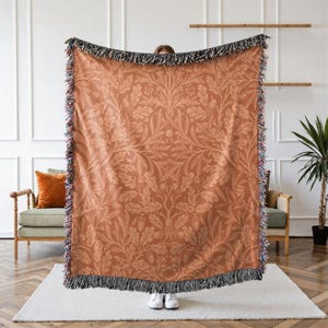 William Morris Acorn Pattern Woven Blanket, Autumn Pattern, Fall Decor, Jacquard Tapestry, Brown