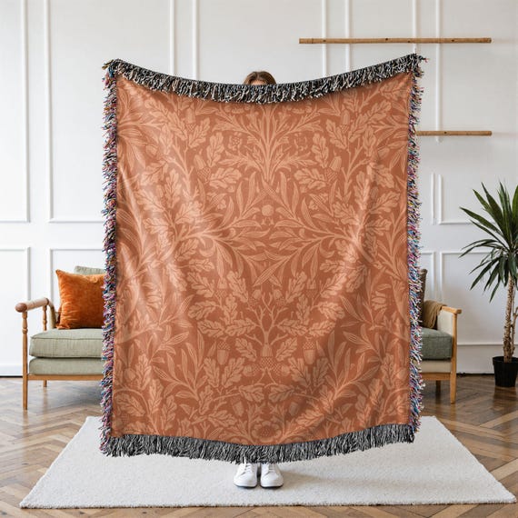 William Morris Acorn Pattern Woven Blanket, Autumn Pattern, Fall Decor, Jacquard Tapestry, Brown