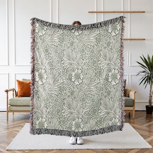 William Morris Woven Blanket, Green Marigold Pattern, Sofa Throw, Couch Blanket, Jacquard Tapestry, Cotton