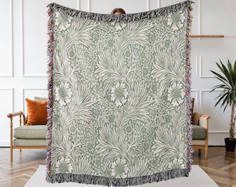 William Morris Woven Blanket, Green Marigold Pattern, Sofa Throw, Couch Blanket, Jacquard Tapestry, Cotton