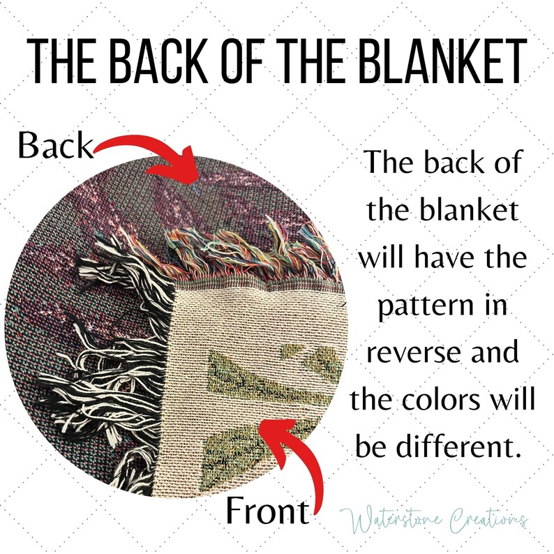 K&ouml;nnte beinhalten: Bild, das die R&uuml;ckseite und die Vorderseite einer Decke zeigt. Die R&uuml;ckseite der Decke hat ein anderes Muster und andere Farben als die Vorderseite. Der Text lautet "THE BACK OF THE BLANKET".