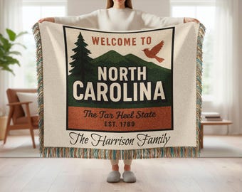 Personalized North Carolina Woven Blanket, Tar Heel State Gift, Custom Family Name Throw, Welcome to NC State Pride Home Decor