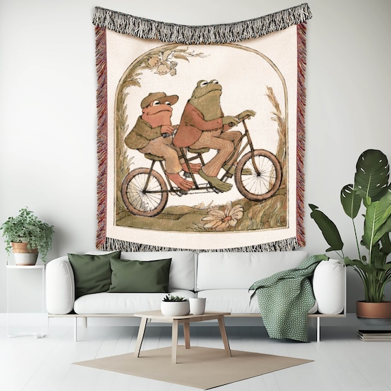Frog and Toad Woven Blanket Toad and Frog on A Bicycle Vintage Book Art Couch Throw Children s Book Art Wall Tapestry Nursery Blanket Etsy