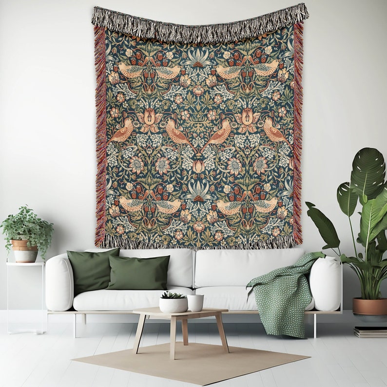 William Morris Strawberry Thief Woven Blanket, Vintage Bird Pattern, Sofa Throw Blanket, Couch Blanket, Jacquard Tapestry Fringe, Cotton zdjęcie 2