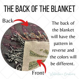 May include: Close-up of a woven blanket showing the front and back sides. The back side of the blanket has a reversed pattern and different colors than the front side. The text "Back" and "Front" are labeled with arrows pointing to the respective sides.