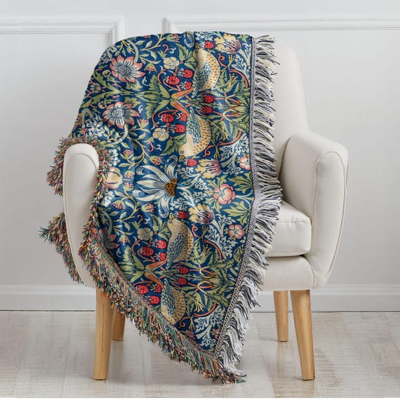 William Morris Strawberry Thief Woven Blanket, Vintage Bird