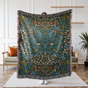 William Morris Sunflower Pattern Blanket, Jacquard Blanket With Fringe, Woven Blanket, Floral Decor, Dark Teal And Brown, Nature