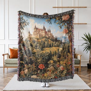 Castle On A Hill Woven Throw Blanket, Woodland Castle, Castlecore, Medieval Forest, Ethereal Bedroom Decor, Tapestry, Fairytale Blanket