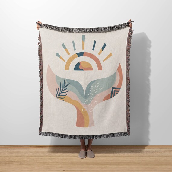 Boho Whale Tail Woven Blanket Wall Tapestry Retro Cozy Unique Woven Blanket for Couch Neutral Aesthetic Jacquard Throw With Fringe Etsy