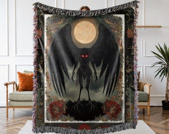 Mothman Woven Blanket, Cryptid Throw Blanket, Mothman Tapestry, Woven Blanket, Gift For Him, Paranormal Gift, Mythical Creature