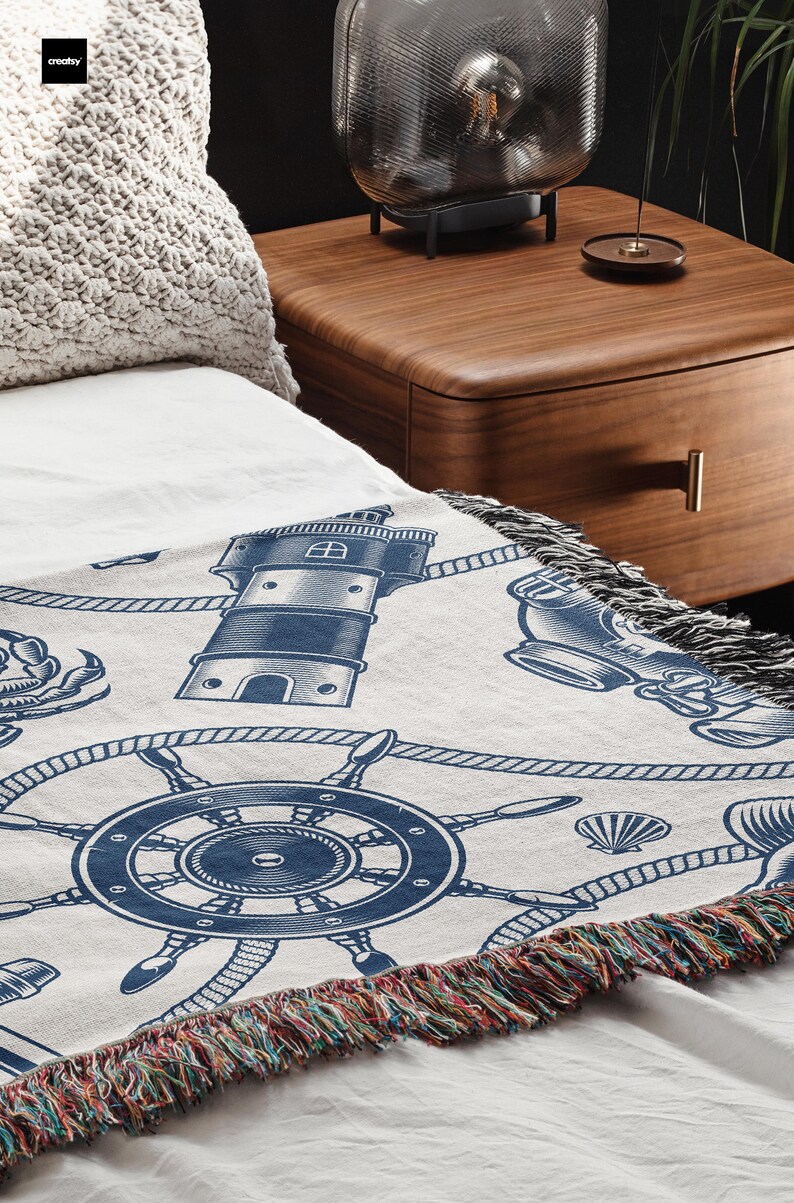 Nautical Theme Woven Blanket, Anchor, Crab, Lighthouse Blanket