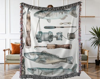 Fishing Themed Woven Blanket, Gift For Fisherman, Fisherman Blanket, Father'S Day Gift, Dad Gift, Husband Gift, Vintage Fishing Tapestry