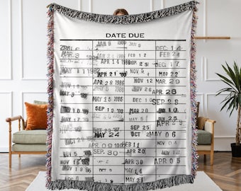 Library Due Date Card Woven Blanket, Librarian Gift, Jacquard Tapestry With Fringe, Book Lover Gift, Library Book Card Blanket