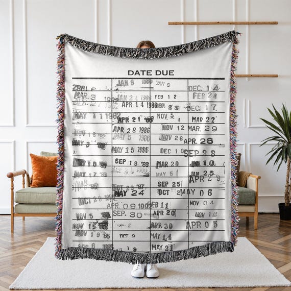 Library Due Date Card Woven Blanket, Librarian Gift, Jacquard Tapestry With Fringe, Book Lover Gift, Library Book Card Blanket