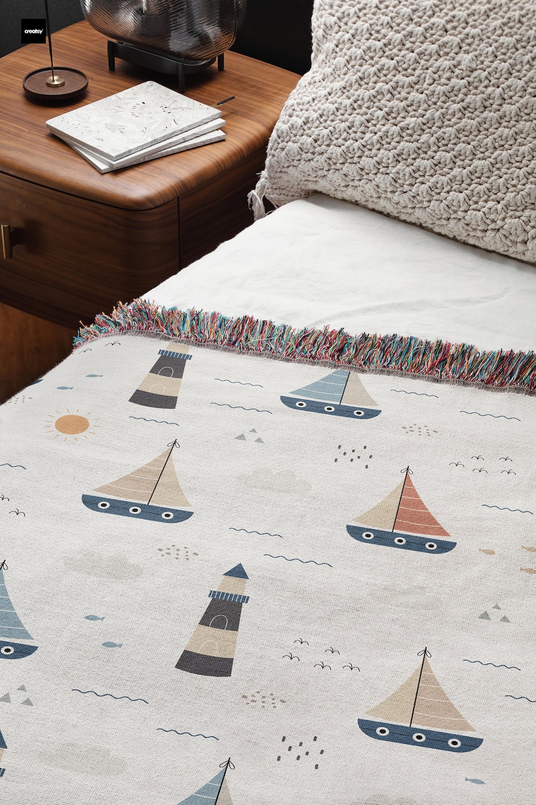 Sailboat Woven Blanket, Lighthouse Blanket, Nautical Sofa Throw