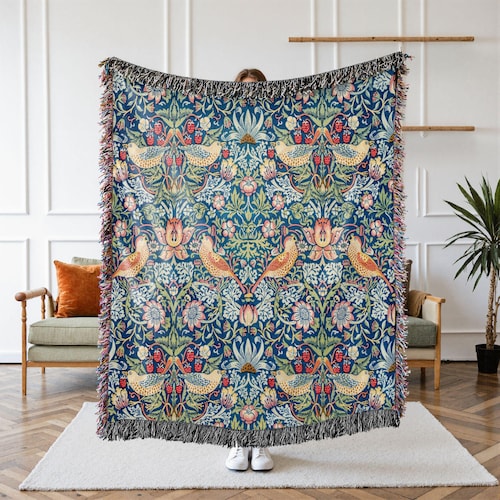 William Morris Strawberry Thief Woven Blanket, Vintage Bird