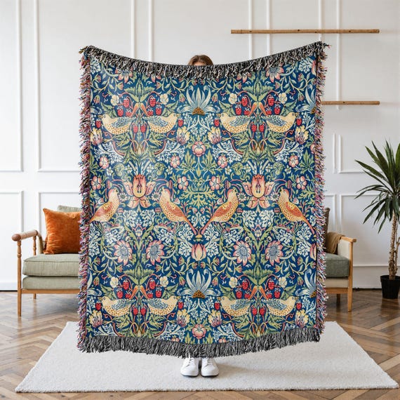 Obal William Morris Sherpa- en fleece-deken, pluizige knuffeldeken, grote plaids voor banken, settees, decoratieve microvezeldekens (kamperfoelie, twin/tweepersoons, 150 x 200 cm