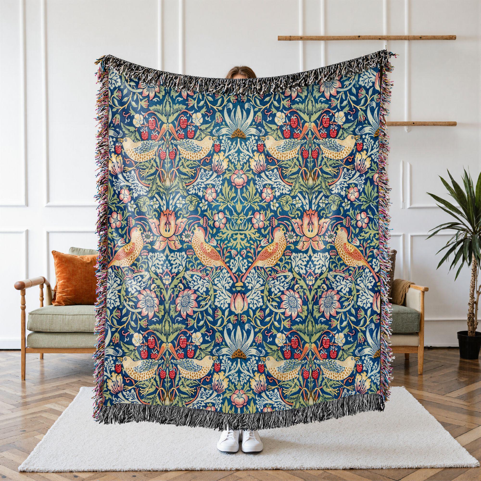 William Morris Strawberry Thief Woven Blanket, Vintage Bird