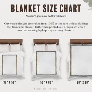 May include: A chart showing three different sizes of woven blankets with fringe. The blanket sizes are 37 inches by 52 inches, 50 inches by 60 inches, and 60 inches by 80 inches. The chart also includes the text "BLANKET SIZE CHART" and "Standard queen size bed for reference".