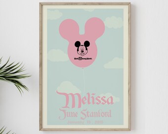 Personalized Disney Mickey Balloon Fine Art Print, Baby Announcement, Gender Reveal, Wall Artwork, Home Decor