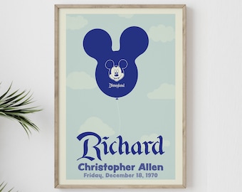 Personalized Disney Mickey Balloon Fine Art Print, Baby Announcement, Gender Reveal, Wall Artwork, Home Decor