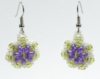 Purple and Green Flower Earrings