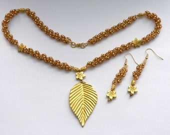 Gold Leaf Necklace and Earrings