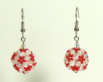 Red Flower Beaded Ball Earrings