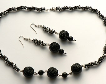 Black Rose Necklace and Earrings