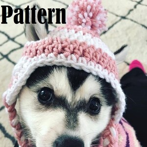 Könnte beinhalten: Ein Hund trägt einen gehäkelten Hut mit rosa und weißen Streifen, passendem Bommel und rosa Pullover. Das Wort "Pattern" steht in schwarzen Buchstaben oben im Bild. Der Hund hat schwarz-weißes Fell und große, dunkle Augen.