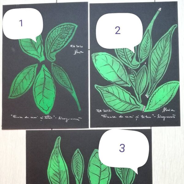 Tee- und Tabakblätter, grünes Blatt Linoldruck auf schwarzem Papier, kleiner ungerahmter handgedruckter Linolschnitt, Naturkunst, smaragdgrüne Farbe des Jahres 2022