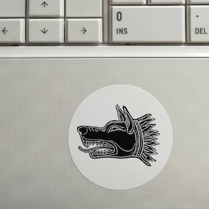 Dacian wolf Draco head, round sticker, white & black, small circular sticker, Romanian history, laptop luggage journal smartphone sticker